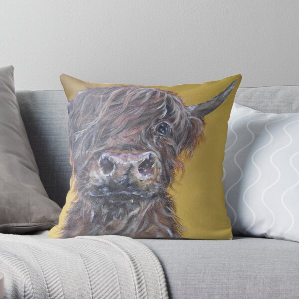 Mini McMoo. Highland cow, Heilan Scottish coo art by award-winning UK artist Sam Fenner Throw Pillow