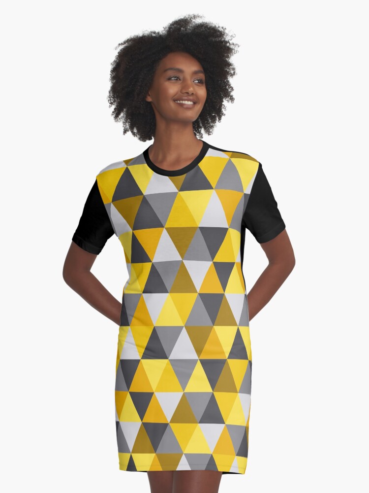 Grey and Mustard Geometric Graphic T Shirt Dress