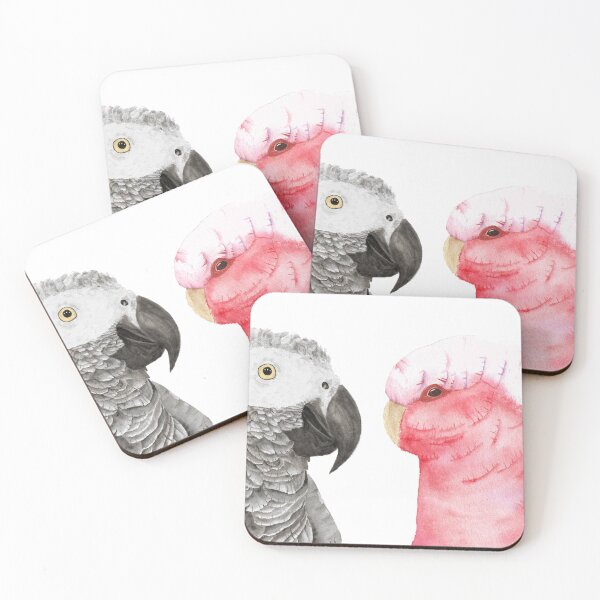 Item preview, African gray and pink cockatoo in watercolor designed and sold by L'Atelier Oranjade.