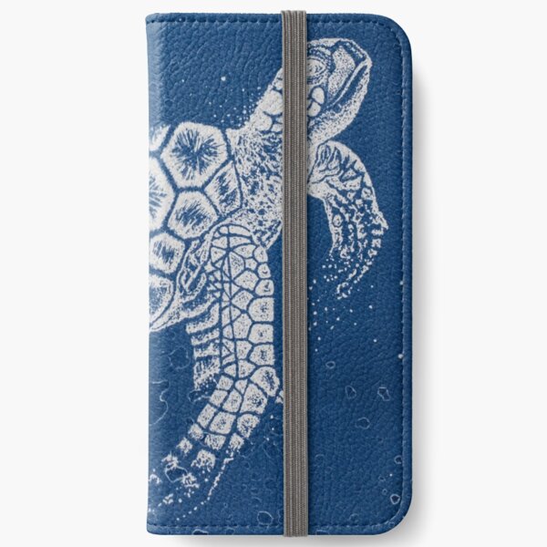cyanotype dotwork illustration of a sea turtle iPhone Wallet