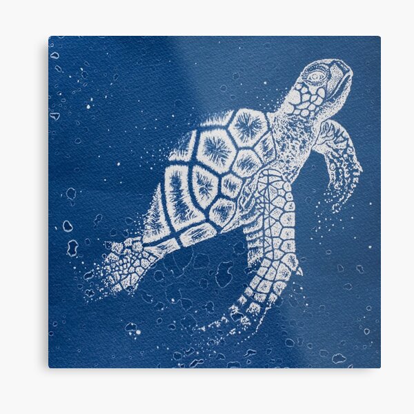 cyanotype dotwork illustration of a sea turtle Metal Print