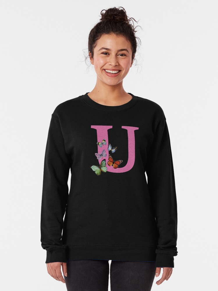 Alternate view of Letter pink U with colorful butterflies Pullover Sweatshirt