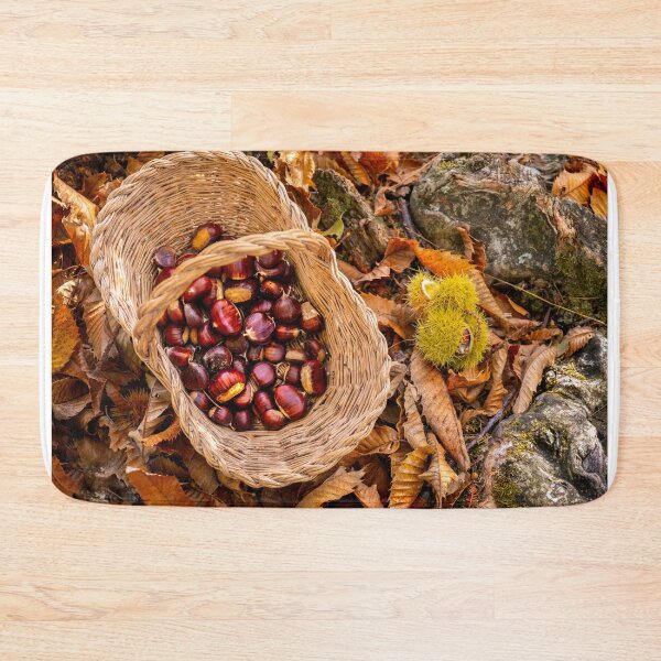 Item preview, chestnuts background top view - harvesting chestnut in forest with basket in autumn foliage ground designed and sold by fineartitalia.
