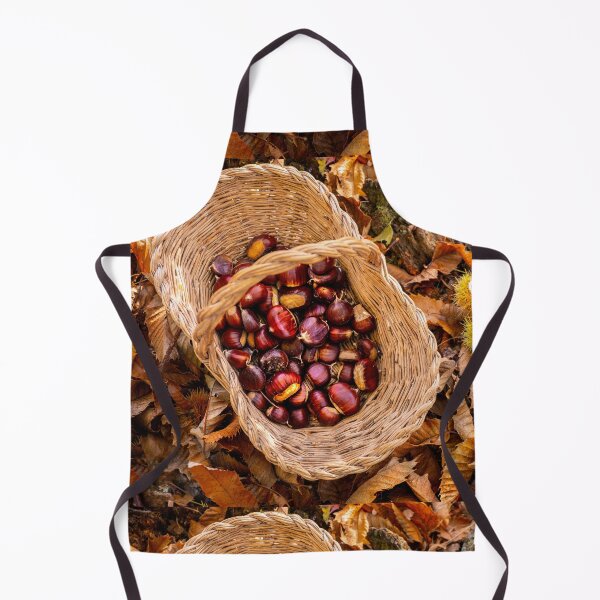 Item preview, chestnuts background top view - harvesting chestnut in forest with basket in autumn foliage ground designed and sold by fineartitalia.