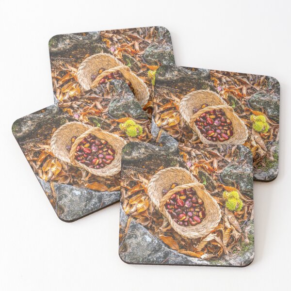 Item preview, chestnuts background top view - harvesting chestnut in forest with basket in autumn foliage ground designed and sold by fineartitalia.