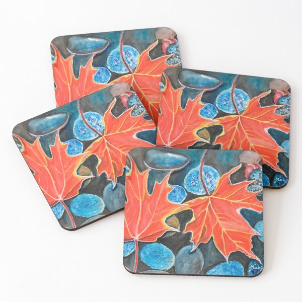 Item preview, Fall Autumn Leaves on pebbles watercolor landscape art Painting designed and sold by artbymanjiri.
