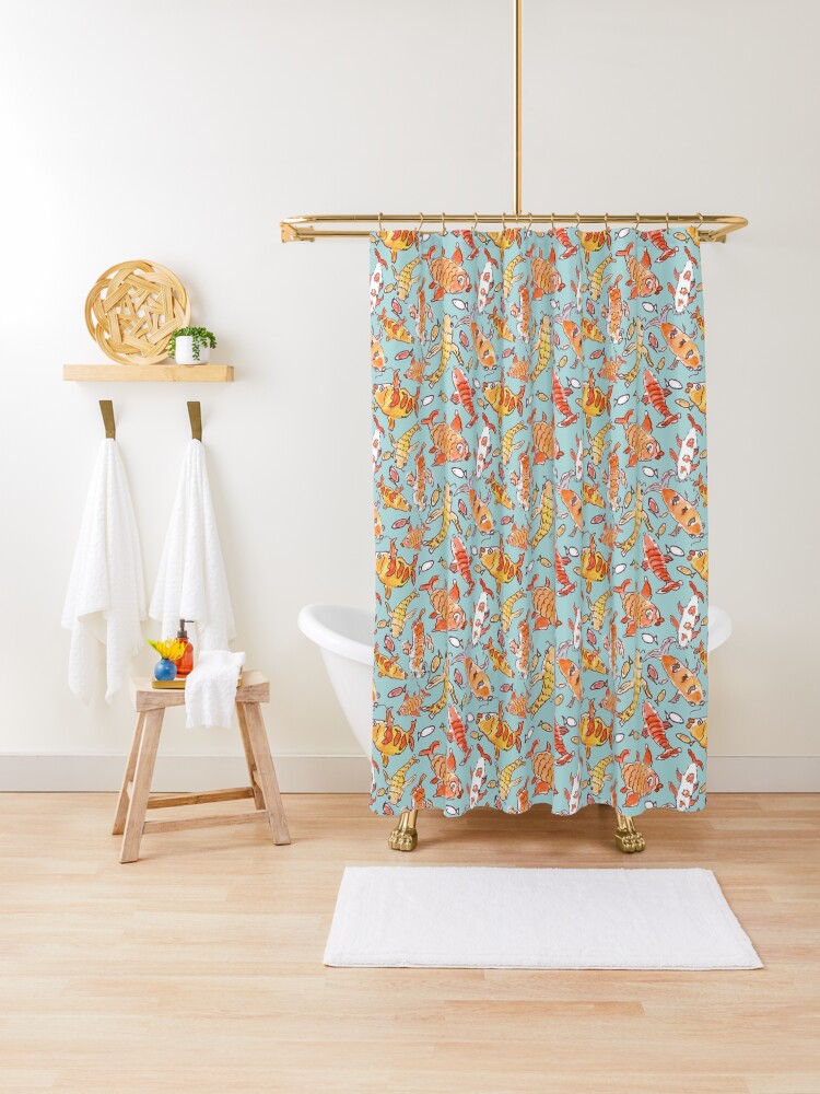 Thumbnail 1 of 5, Shower Curtain, Whimsical Watercolour Koi Fish Pattern designed and sold by ClareWalkerArt.
