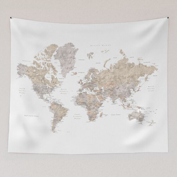 Item preview, Taupe watercolor world map with cities, Abey designed and sold by blursbyai.