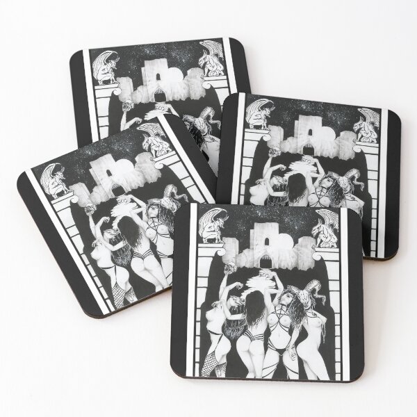 Coven - gothic, dark, sexy, naked BDSM girls, nuns worshiping their master, Satan, black and white painting Coasters (Set of 4)