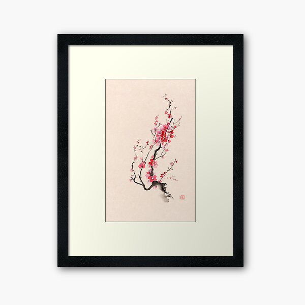 Item preview, Fine art Sumi-e painting of Japanese plum tree blossom or sakura branch with red and pink flowers art print designed and sold by AwenArtPrints.