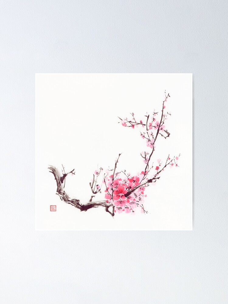 Poster « Branche de sakura touffue avec des fleurs roses Peinture au  pinceau Zen chinois Impression artistique », par AwenArtPrints | Redbubble