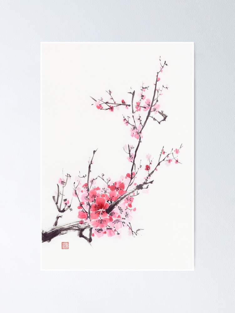 Poster « Peinture au pinceau chinois d'une branche de fleur de cerisier  touffue brillante avec des fleurs roses sur blanc Impression artistique »,  par AwenArtPrints | Redbubble