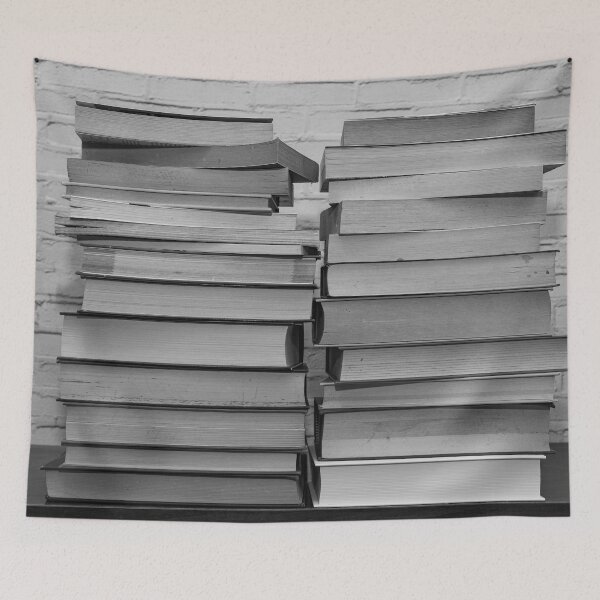 Item preview, Black and white image of some books stacked on a shelf designed and sold by brambillasimone.