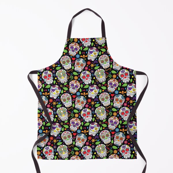 Colorful Sugar Skull Flower Black Pattern Apron