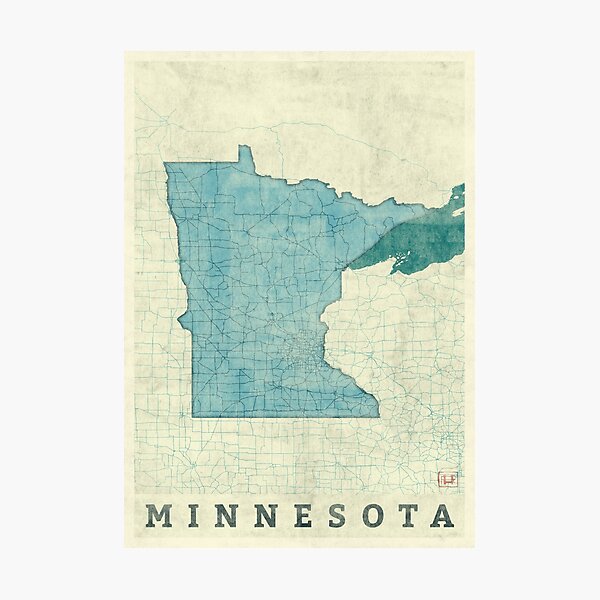 Minnesota State Map Blue Vintage Photographic Print