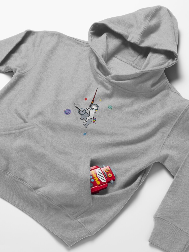 Alternate view of Unicorn Riding Narwhal In Space Kids Pullover Hoodie