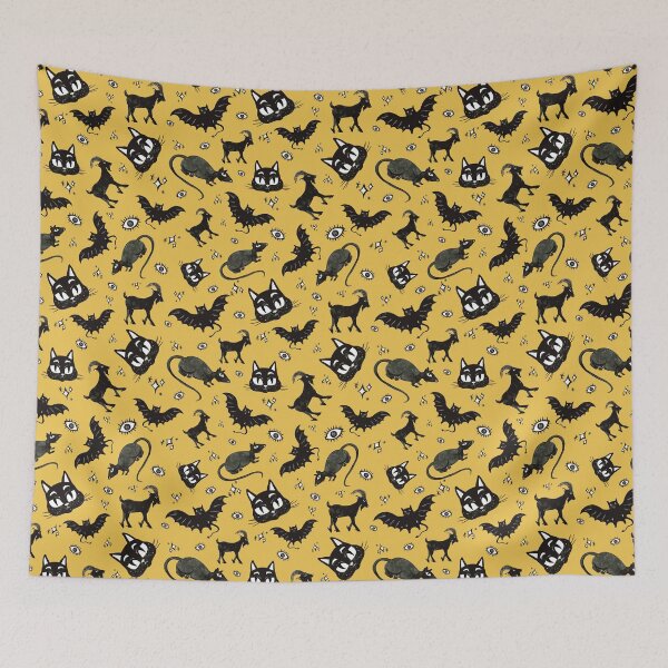 Item preview, Halloween Pattern - Bats, Rats, Cats, Goats Pattern - Vintage Yellow designed and sold by PattyTheGecko.