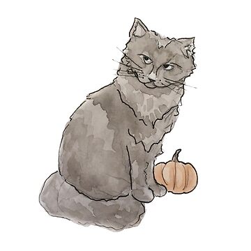 Artwork thumbnail, Black Cat with Pumpkin Illustration in Watercolor by WitchofWhimsy