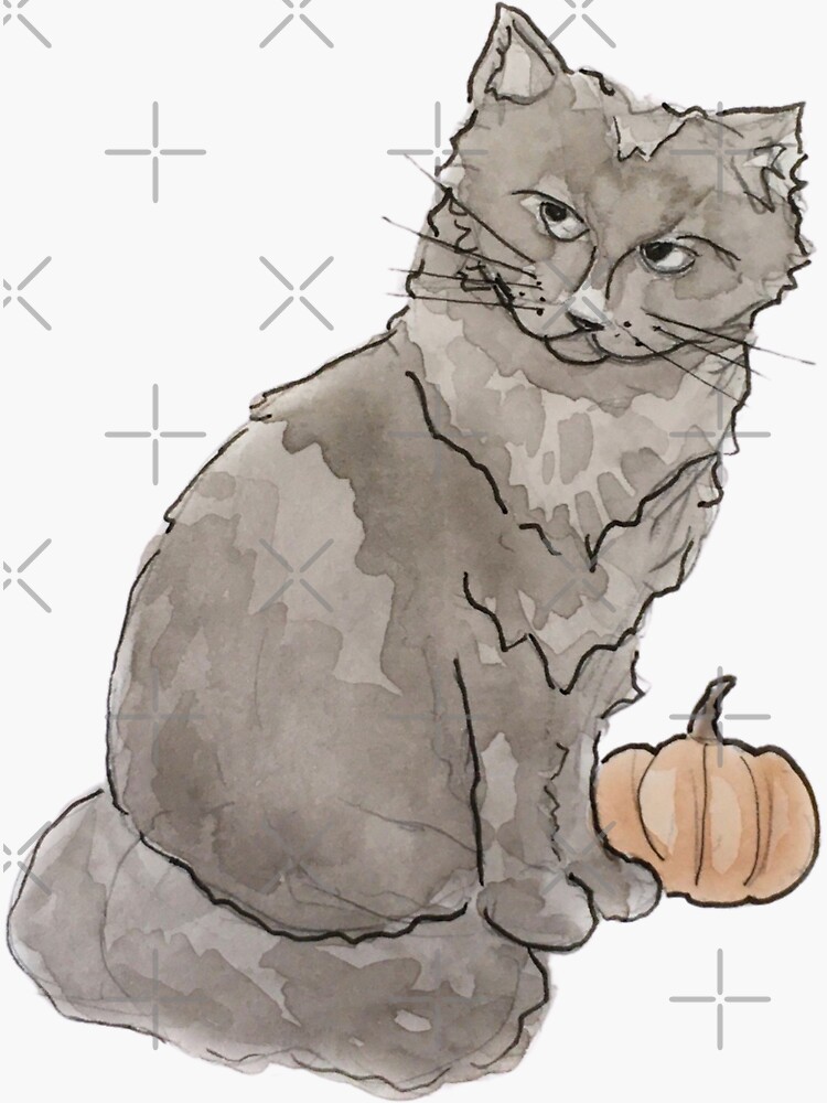Thumbnail 3 of 3, Sticker, Black Cat with Pumpkin Illustration in Watercolor designed and sold by Regan Ralston.