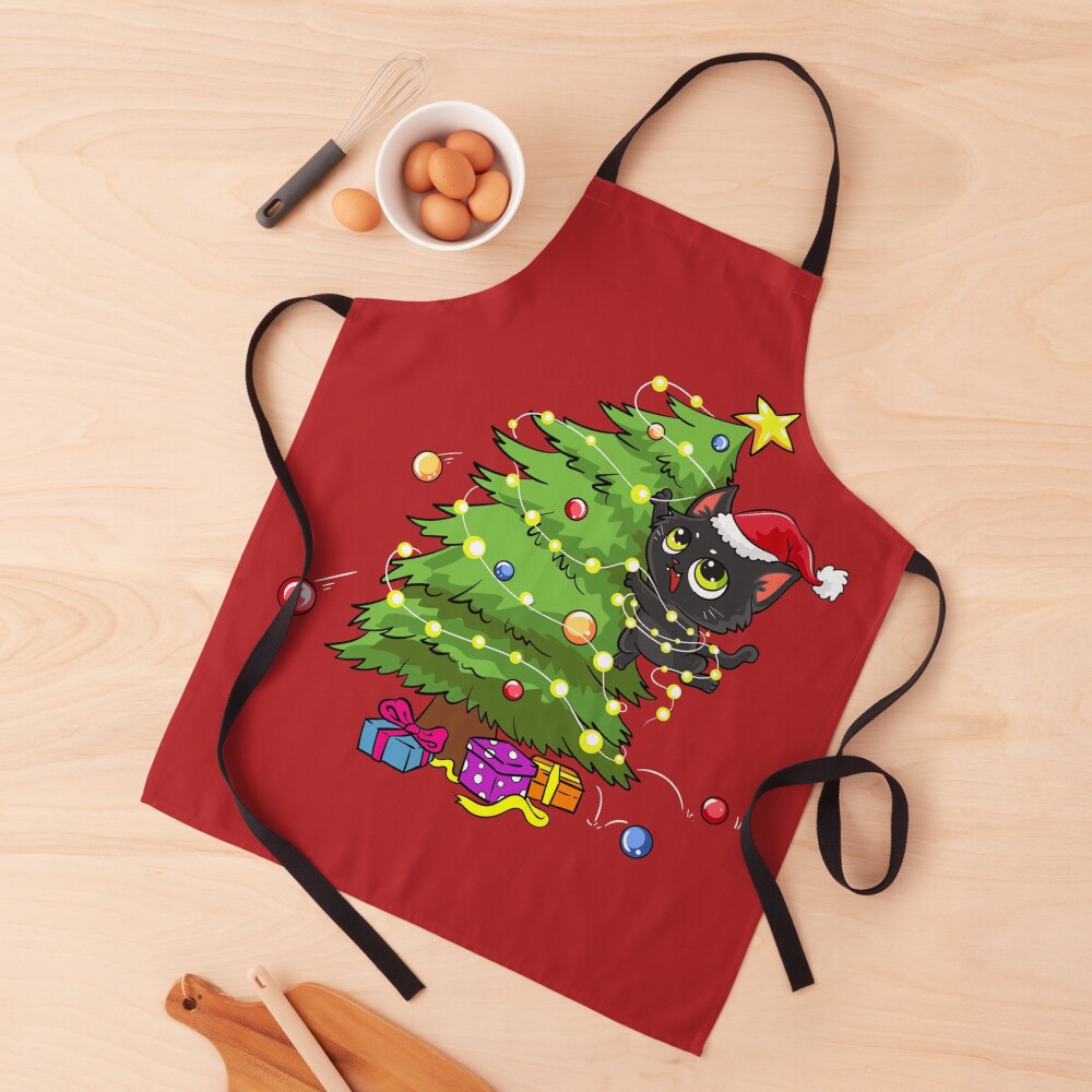 "Santa Black Cat Tangled Up In Christmas Tree Lights Holiday" Apron by