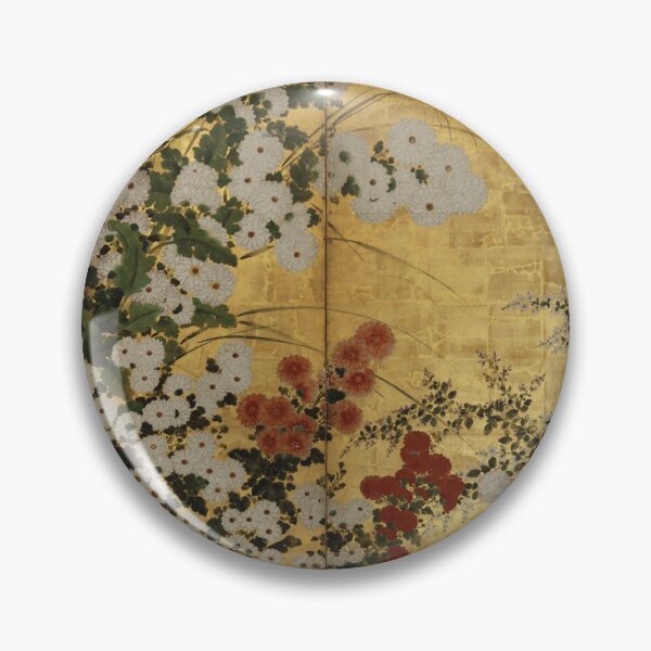 Item preview, White Red Chrysanthemums Floral Japanese Gold Screen Print designed and sold by Vicky Brago-Mitchell®.