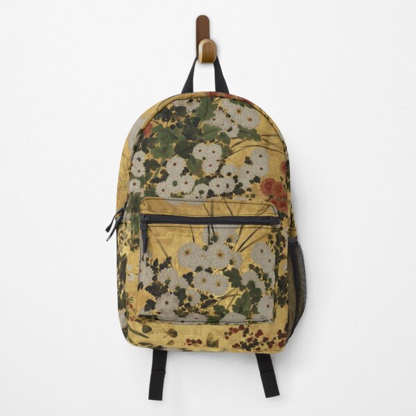 Item preview, White Red Chrysanthemums Floral Japanese Gold Screen Print designed and sold by Vicky Brago-Mitchell®.