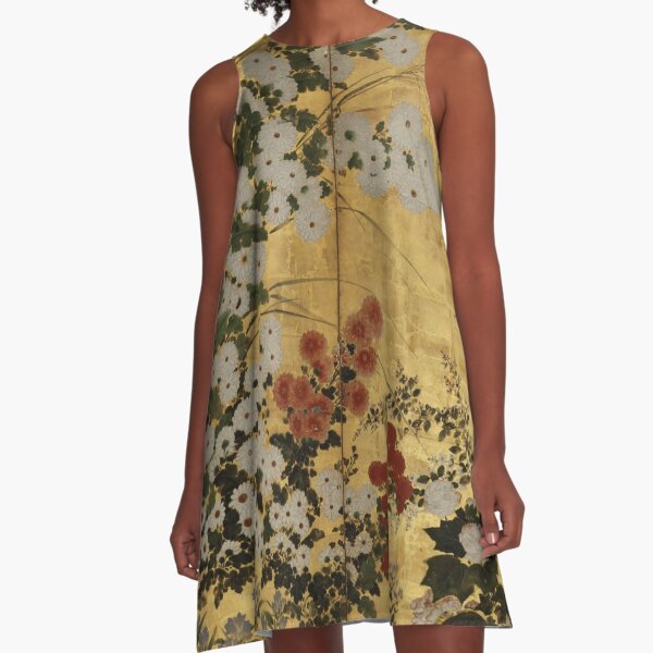 Item preview, White Red Chrysanthemums Floral Japanese Gold Screen Print designed and sold by Vicky Brago-Mitchell®.