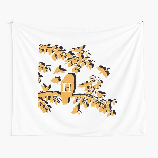 Yellow Owl Silhouette on Tree Branch Tapestry