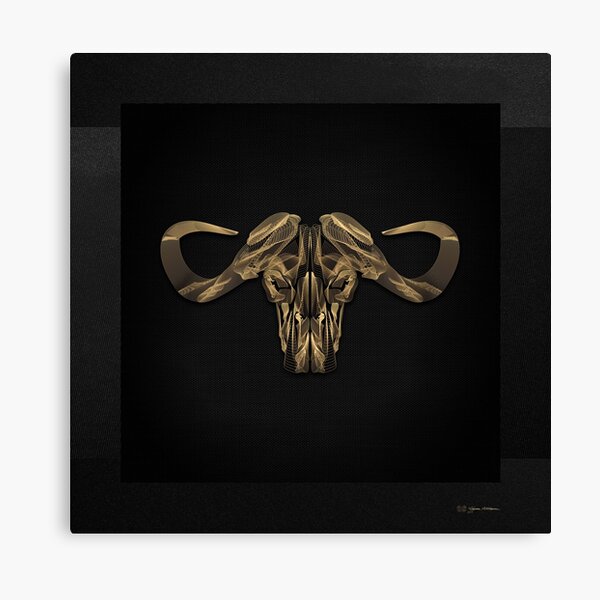 Vista previa del artículo con la obra «Calaveras con cuernos - Rayas doradas de búfalo dorado sobre lienzo negro No.1», diseñado y vendido por Serge Averbukh Art Studio.