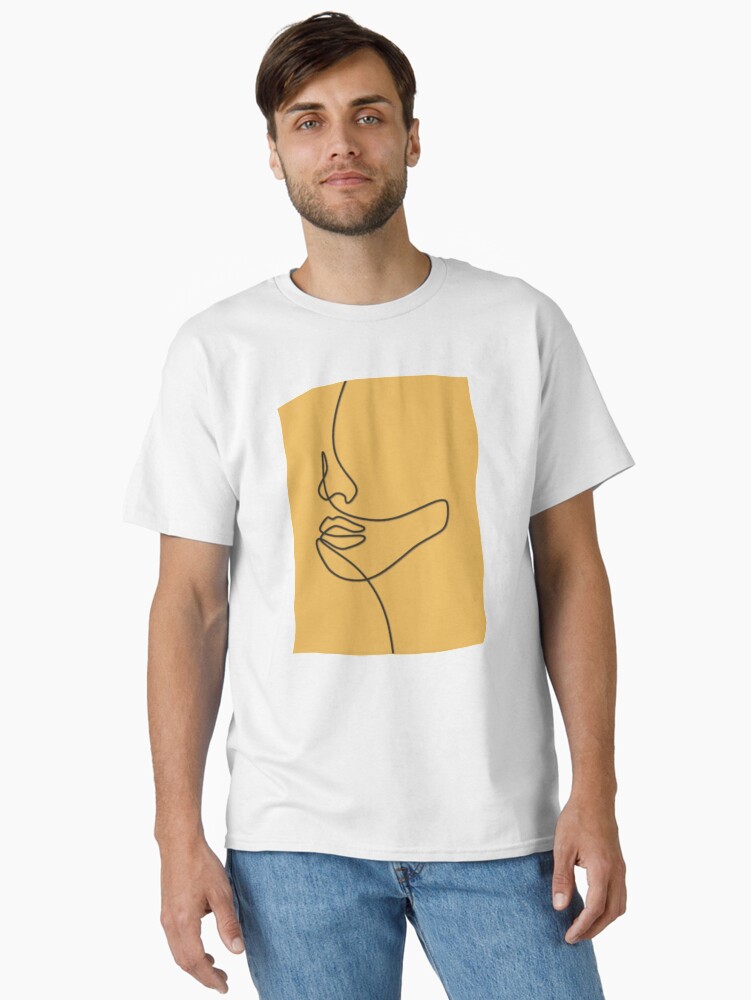 Thumbnail 2 of 7, Classic T-Shirt, Gold Yellow Abstract Face Line Art Drawing designed and sold by Dollfacedesign.