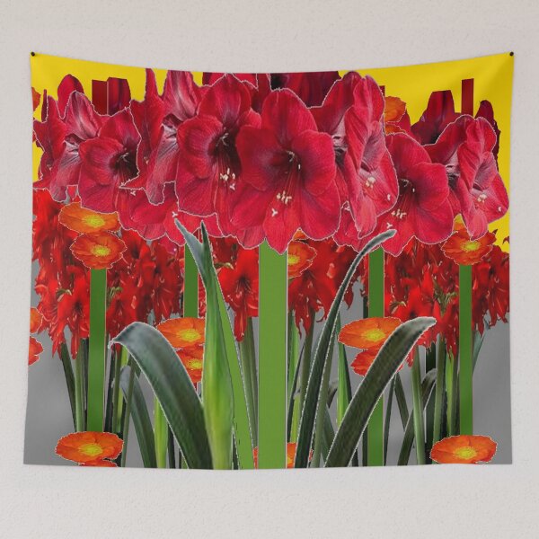 Item preview, ABSTRACTED RED AMARYLLIS GARDEN WITH ORANGE & GREY designed and sold by sharlesart.