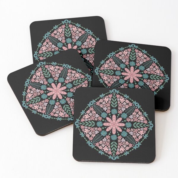 Item preview, Flower and Heart Pattern in Pastel Pink and Teal on Black designed and sold by CottoVerdi.