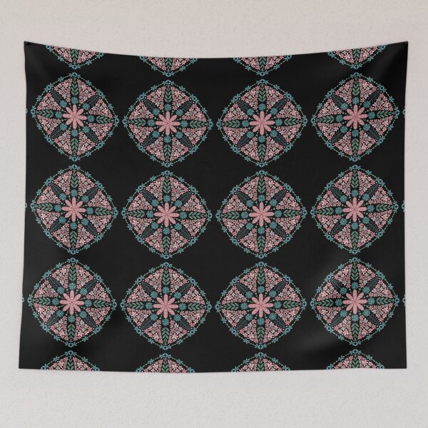 Item preview, Flower and Heart Pattern in Pastel Pink and Teal on Black designed and sold by CottoVerdi.