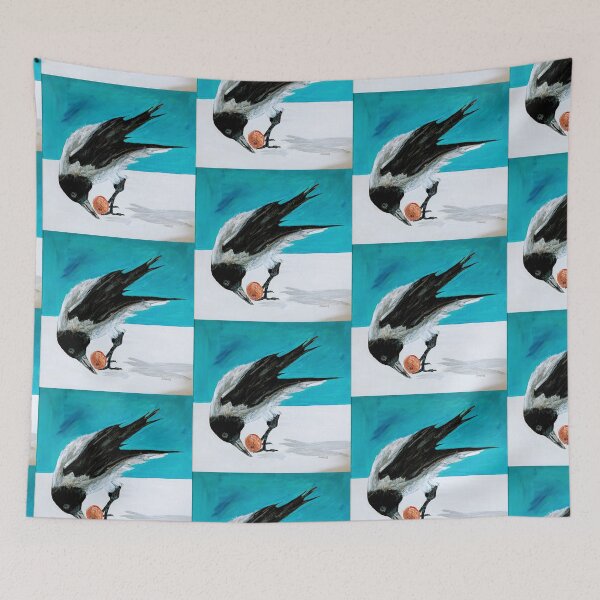 Item preview, Curious Black and White Crow with red berry Raven designed and sold by janicerafael.