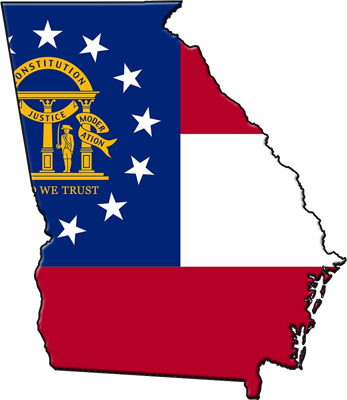 Image of the state of Georgia with the Georgia state flag design. 