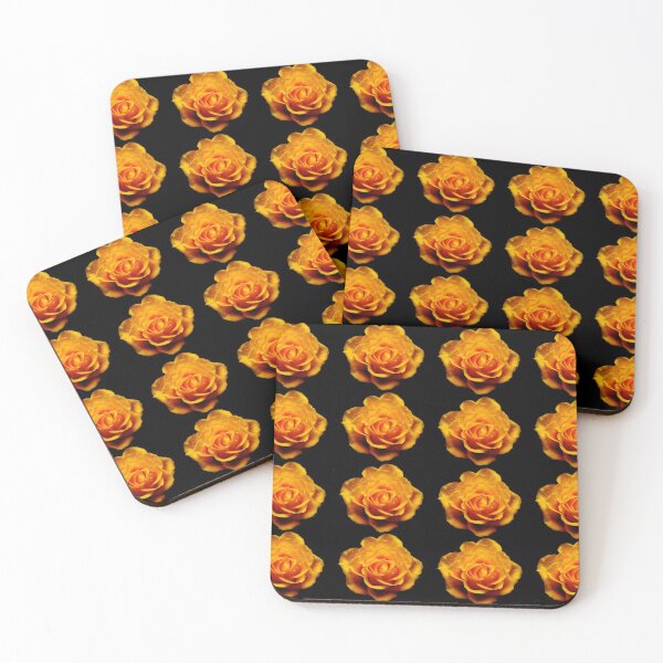 Glimmery Yellow Roses On Black Coasters (Set of 4)