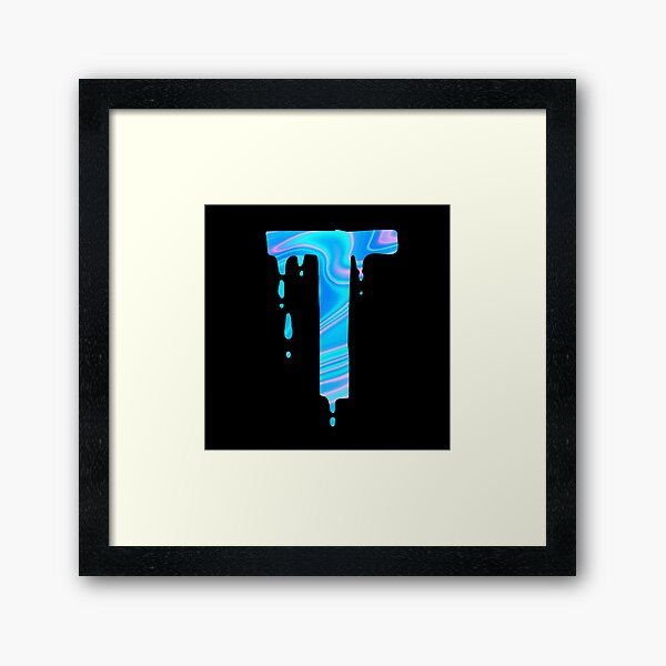 Drippy Holographic T alphabet Transparent Letter Sticker. Framed Art Print
