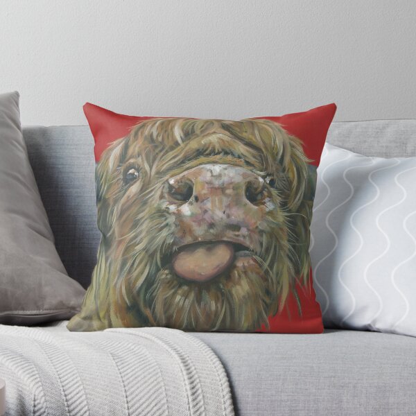 Cheeky Cow. Highland cow, Heilan Scottish coo art by award-winning UK artist Sam Fenner Throw Pillow