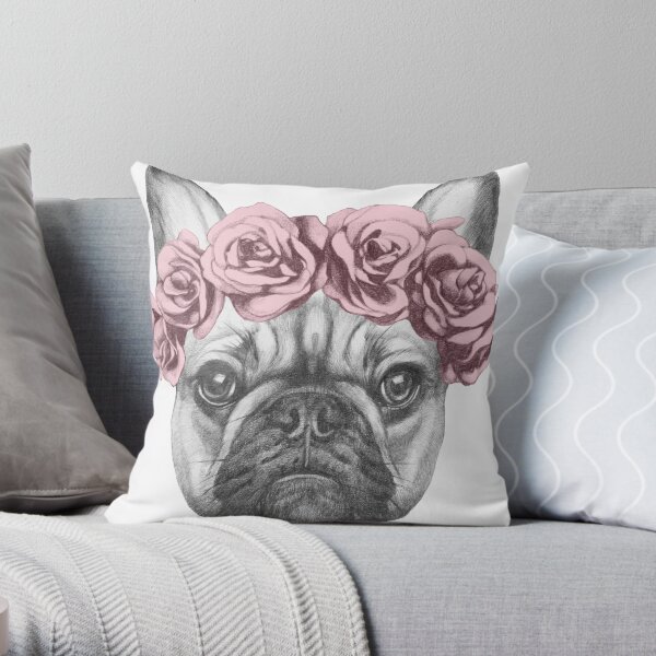 French bulldog with rose crown Throw Pillow