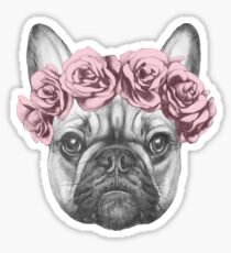Pegatina Bulldog francés con corona de rosa