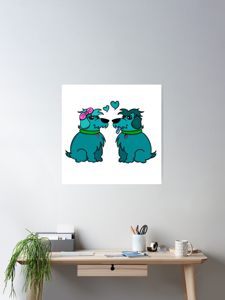 Thumbnail 1 of 3, Poster, Sheep Dogs in Love Teal designed and sold by HappigalArt.