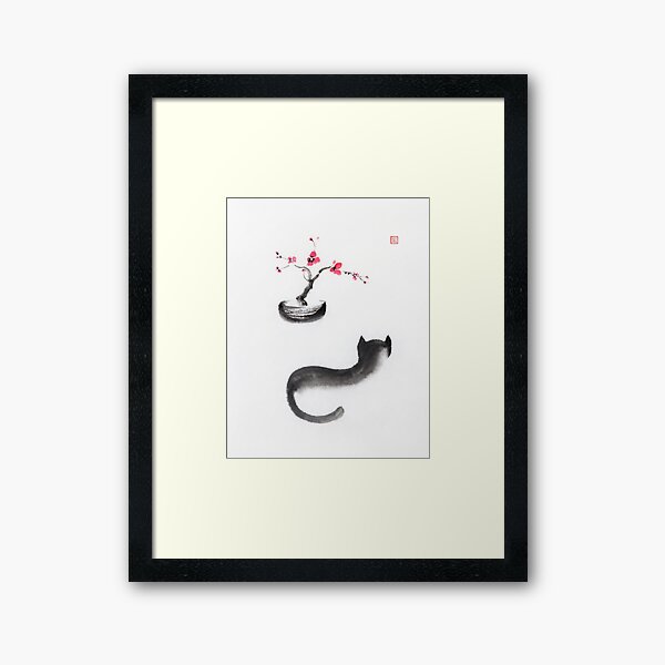 Item preview, Fine art sumi-e illustration of a black cat watching bonsai sakura tree art print designed and sold by AwenArtPrints.