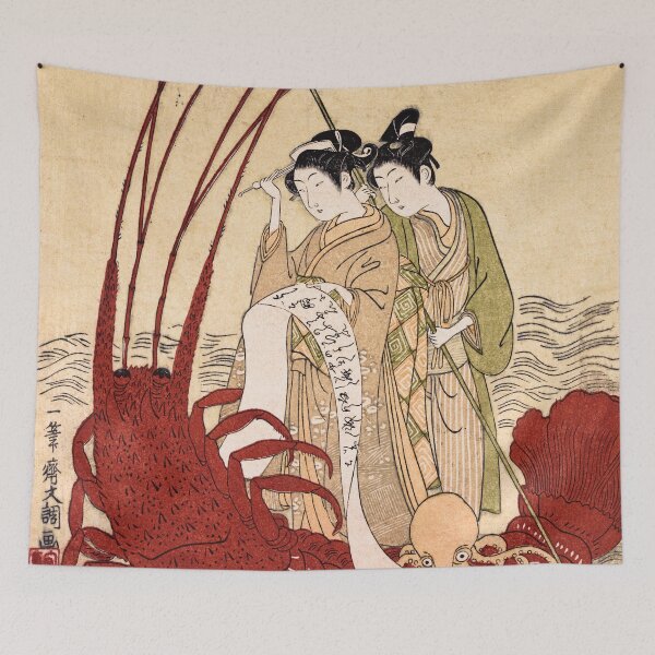 Item preview, Ukiyo-e Print - Ippitsusai Buncho. Lovers and a literate octopus crossing a stream on a giant shrimp designed and sold by DejaVuStudio.