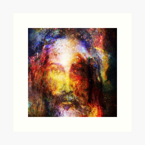 Item preview, Jesus Christ painting with radiant colorful energy of light in cosmic space, eye contact designed and sold by Jomack1.