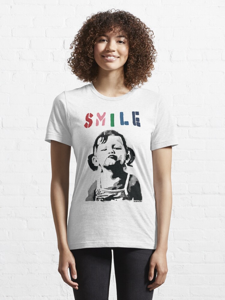 Disover Banksy graffiti Quote SMILE with girl not smiling Girl Power resistance HD HIGH QUALITY ONLINE STORE | Essential T-Shirt 