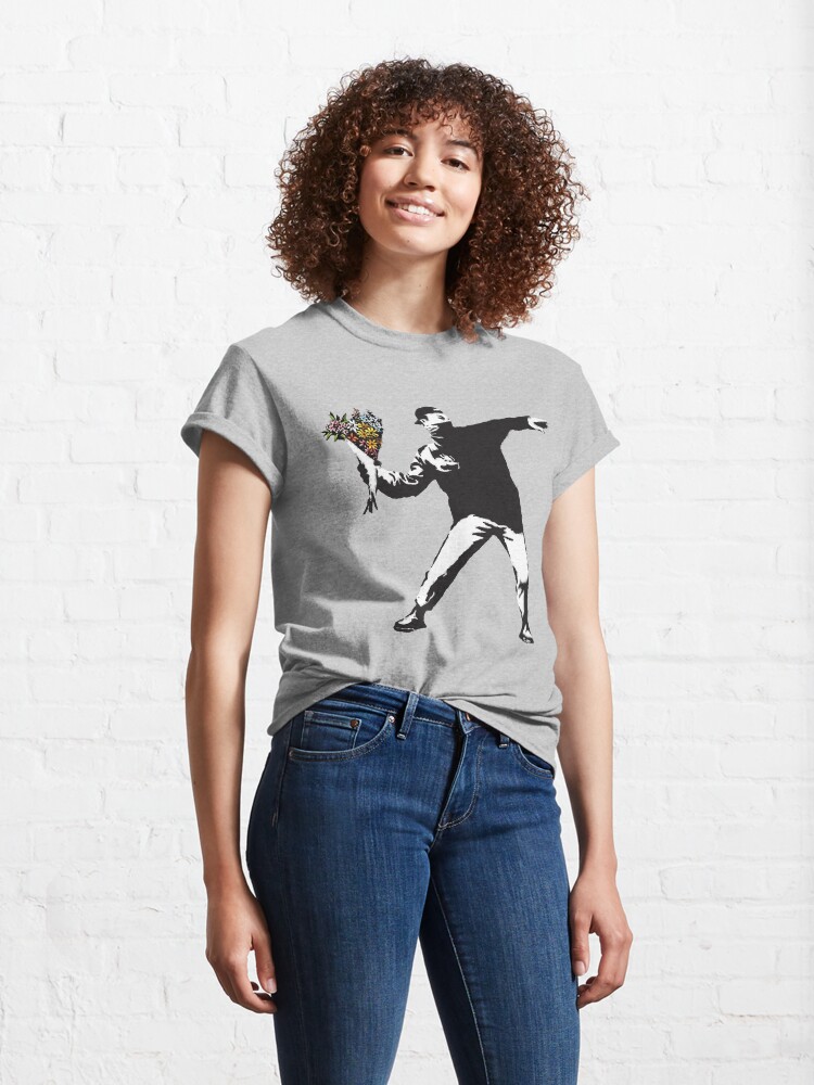Alternate view of Banksy graffiti Protest anarchist throwing flowers Thrower Make Art not war on white background HD HIGH QUALITY ONLINE STORE Classic T-Shirt