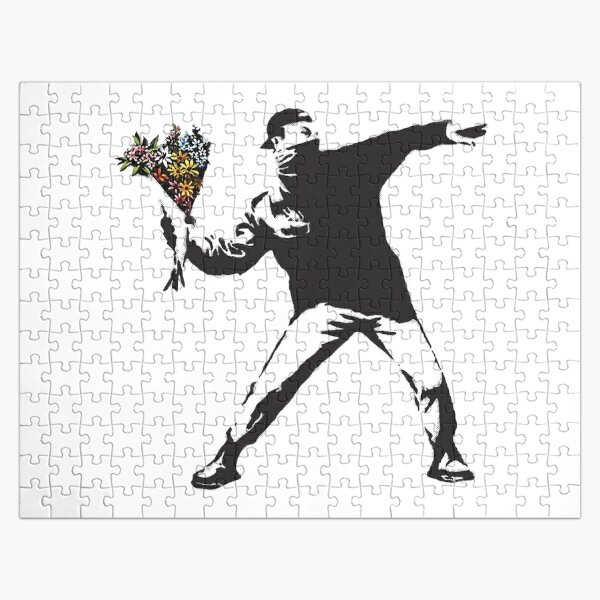 Banksy graffiti Protest anarchist throwing flowers Thrower Make Art not war on white background HD HIGH QUALITY ONLINE STORE Jigsaw Puzzle