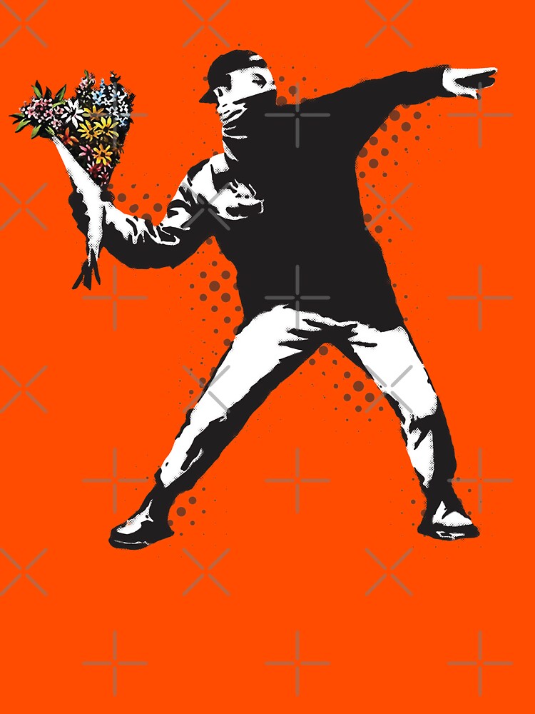 Banksy graffiti Protest anarchist throwing flowers Thrower Make Art not war on orange background HD HIGH QUALITY ONLINE STORE by iresist