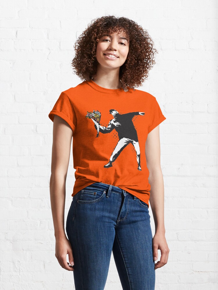 Alternate view of Banksy graffiti Protest anarchist throwing flowers Thrower Make Art not war on orange background HD HIGH QUALITY ONLINE STORE Classic T-Shirt
