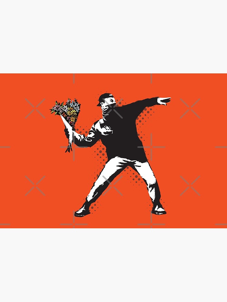 Banksy graffiti Protest anarchist throwing flowers Thrower Make Art not war on orange background HD HIGH QUALITY ONLINE STORE by iresist